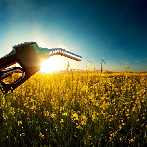 Campo de biocombustíveis com bomba de combustível e turbinas eólicas ao fundo, representando combustíveis do futuro, energia renovável e transição energética.