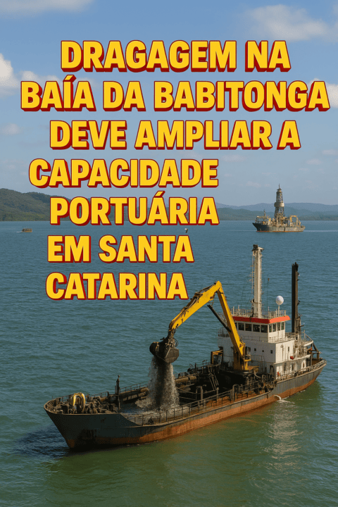 Dragagem na baía da Babitonga com embarcação operando para ampliar a capacidade portuária em Santa Catarina