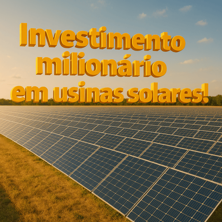 Painel solar em campo aberto ao entardecer com texto 3D destacando investimento milionário em usinas solares