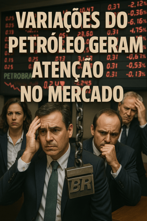 Executivos preocupados diante de variações no petróleo e ações da Petrobras, com painel de mercado ao fundo