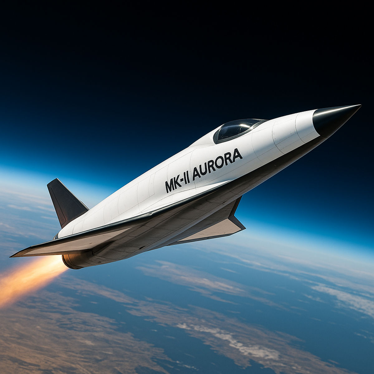 Aeronave supersônica Mk-II Aurora cruzando a estratosfera com motor em ignição sobre a curvatura da Terra