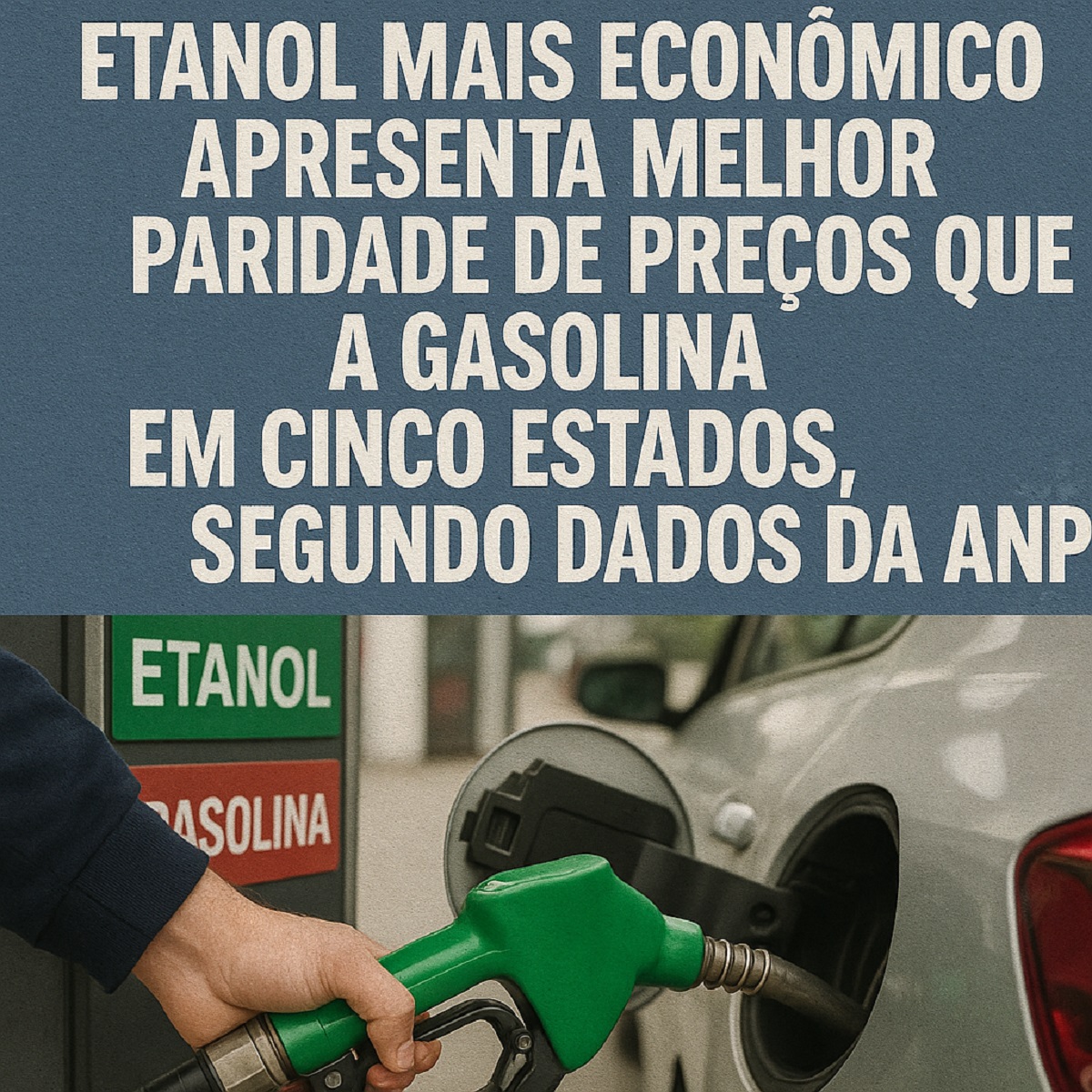 Pessoa abastecendo carro com etanol em posto de combustíveis, destacando a paridade de preços com a gasolina em cinco estados