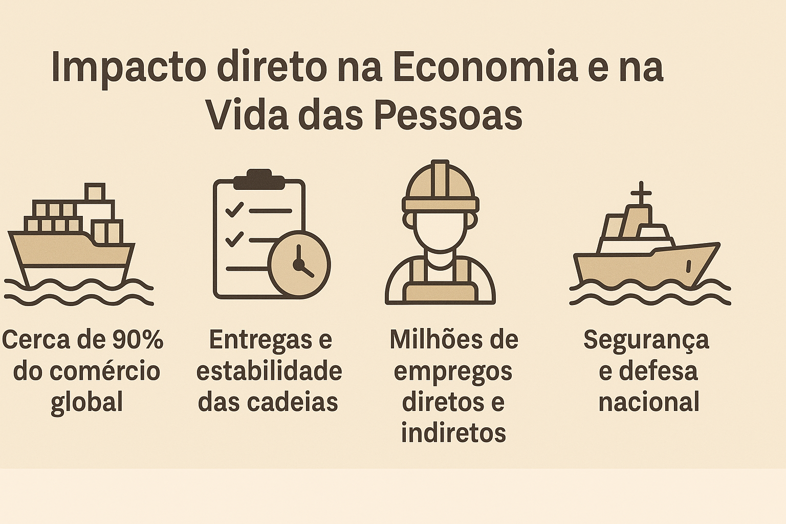 Infográfico com quatro ícones representando o impacto da indústria naval: transporte marítimo de cargas, controle de entregas, empregos no setor e segurança nacional, com textos explicativos abaixo de cada ícone.