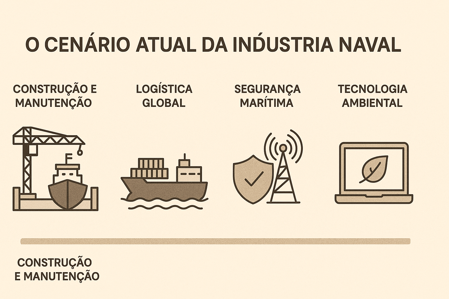 Infográfico ilustrando os principais aspectos do cenário atual da indústria naval, incluindo construção e manutenção, logística global, segurança marítima e tecnologia ambiental, com ícones representativos em estilo flat design.