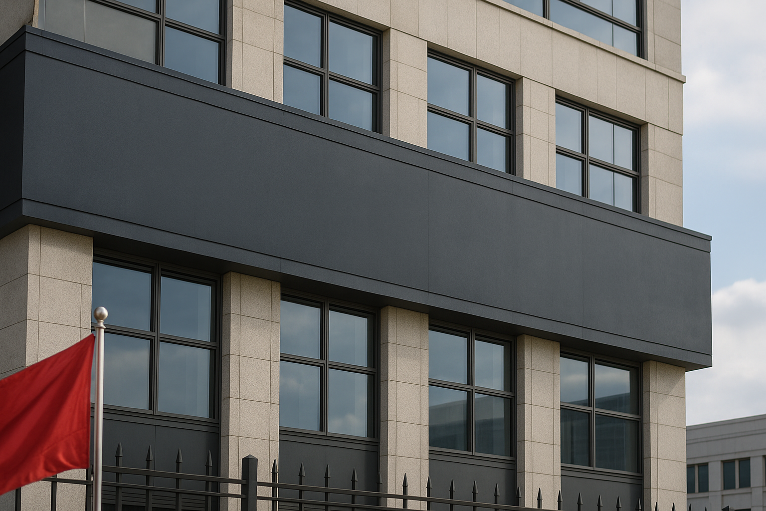 Fachada de um edifício moderno com janelas espelhadas e bandeira vermelha ao vento, sob céu parcialmente nublado.