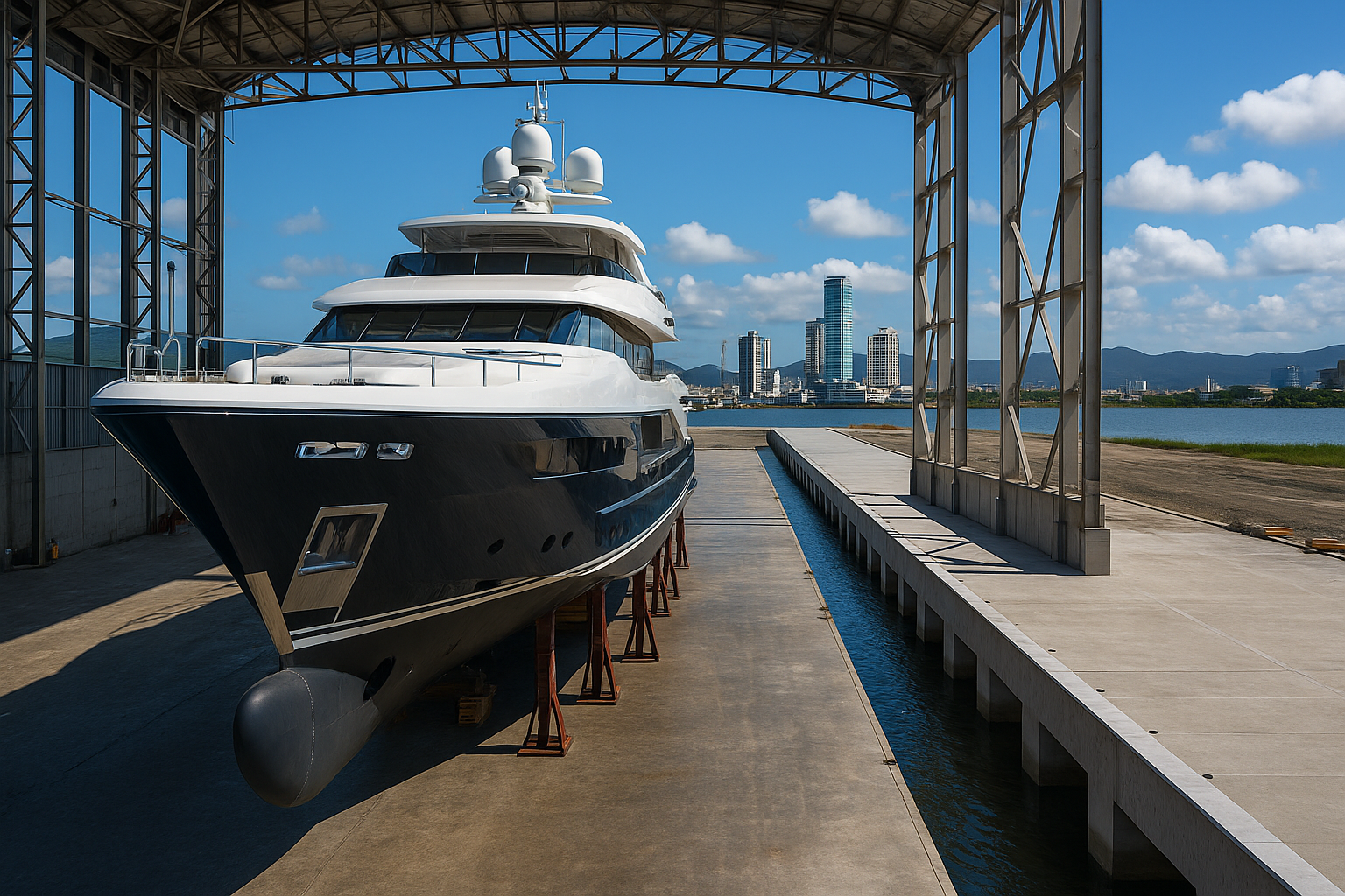 Iate de luxo na doca seca em estaleiro de Itajaí com skyline ao fundo