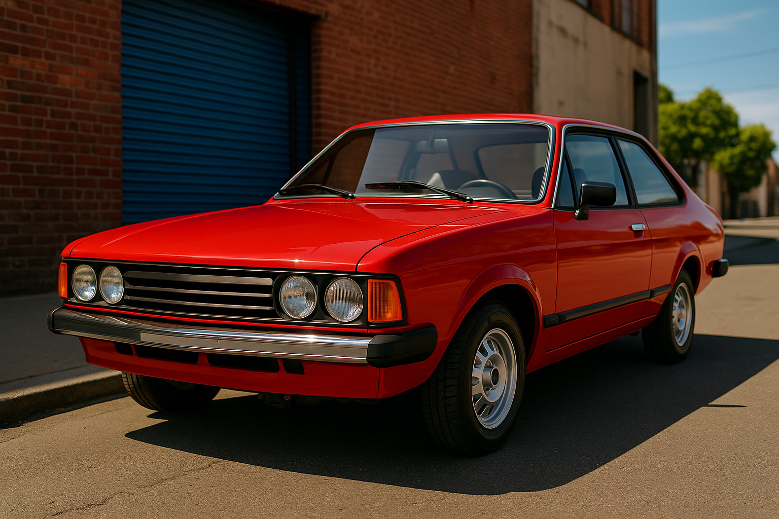 Ford Corcel II clássico vermelho estacionado em rua antiga com cores vivas