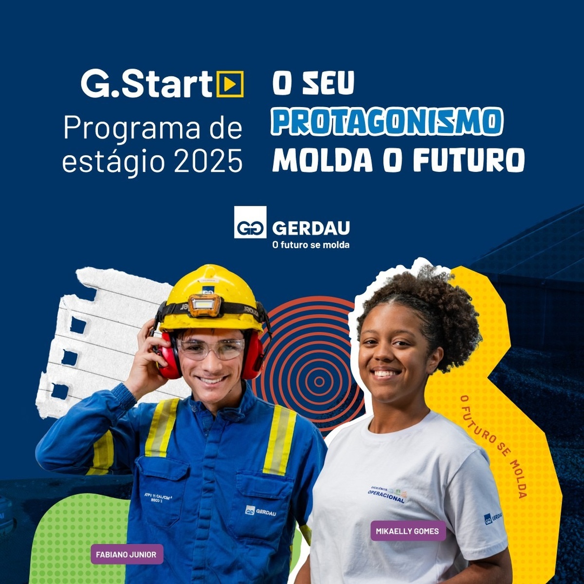 Jovens sorridentes em uniforme de estágio participando do programa G.Start 2025 da Gerdau