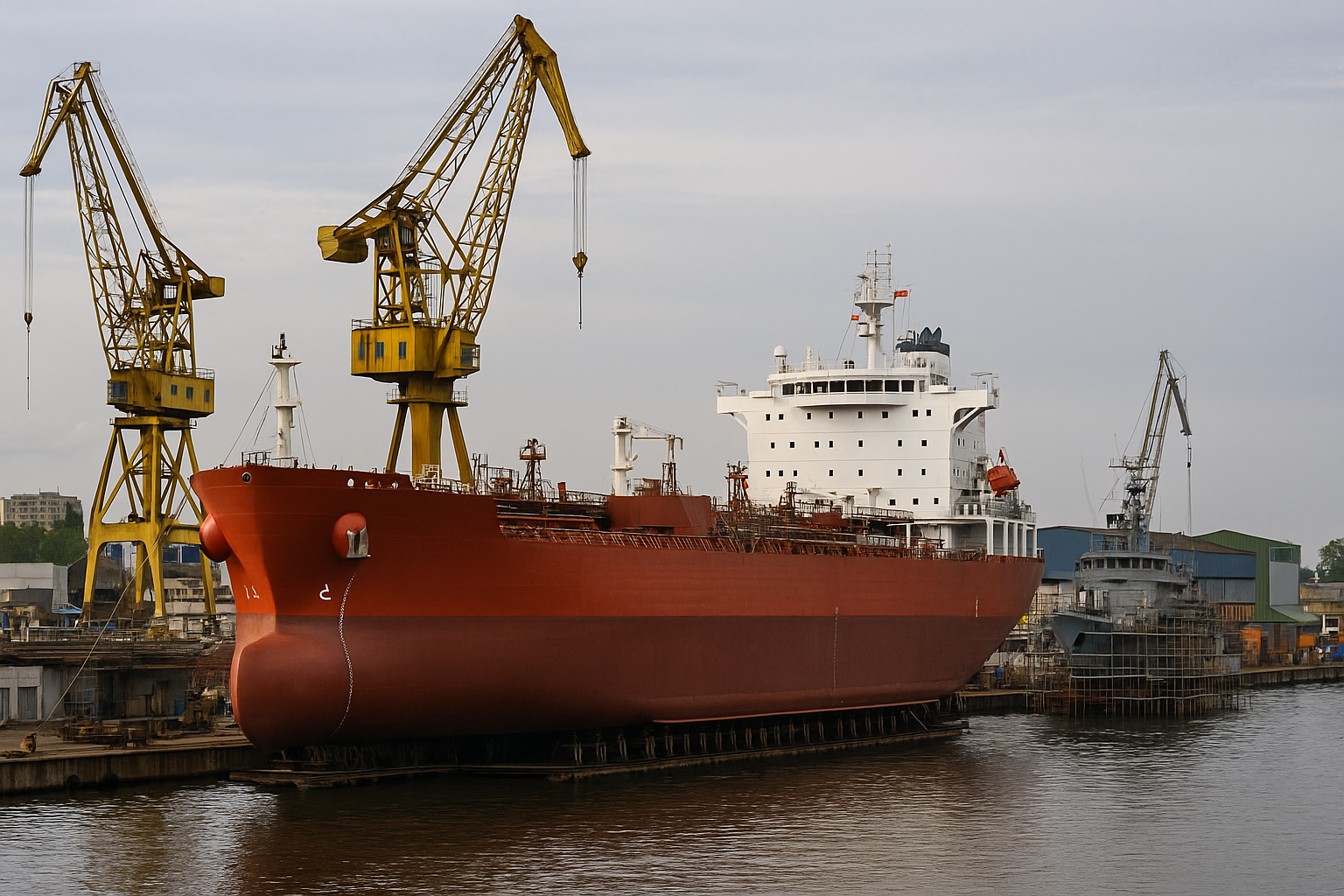 Navio cargueiro vermelho em manutenção em estaleiro com guindastes amarelos ao fundo na indústria naval do Brasil.