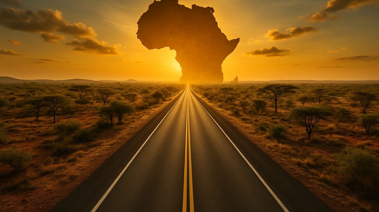 Vista panorâmica da maior estrada da África com tráfego de caminhões, cruzando o deserto entre Egito e África do Sul, sob luz dourada do entardecer