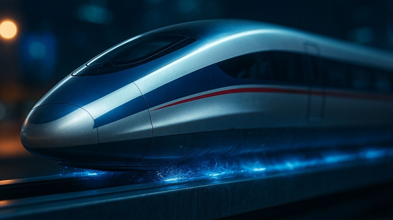 Trem flutuante chinês levita sobre trilho magnético com faíscas azuis em alta velocidade