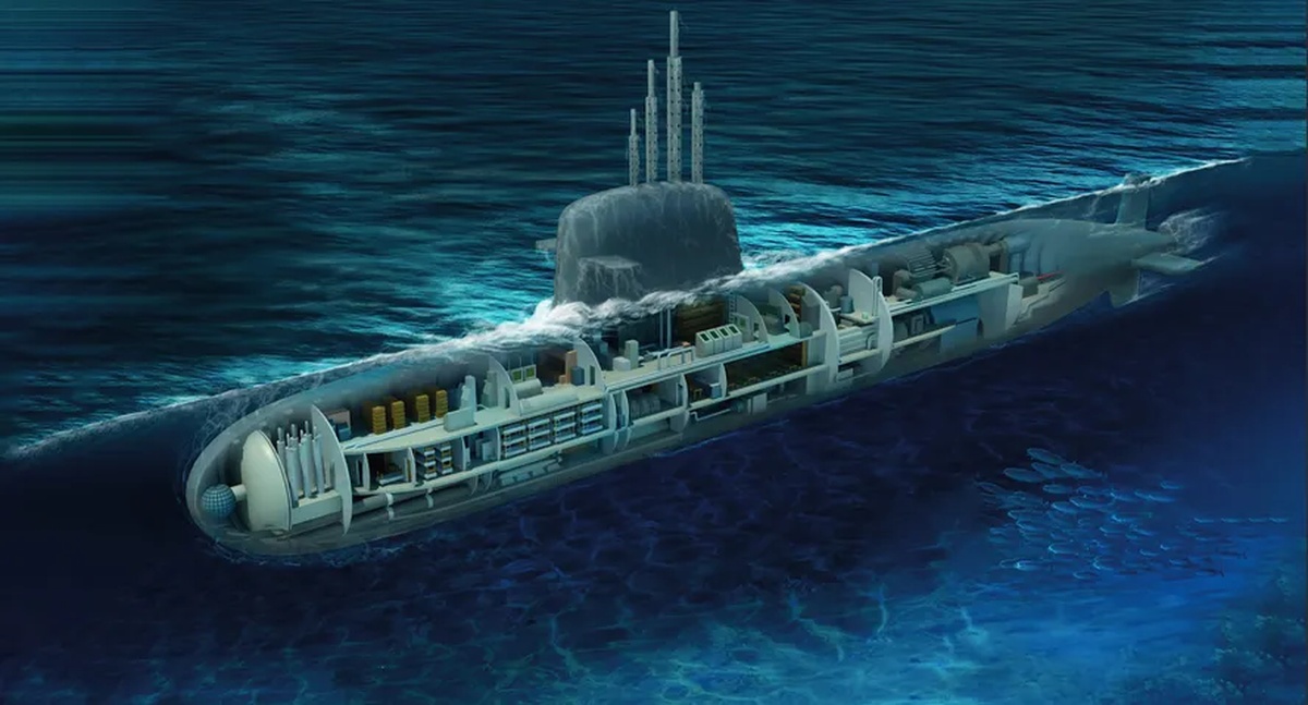 Corte transversal de um submarino nuclear mostrando compartimentos internos e reator submerso no oceano