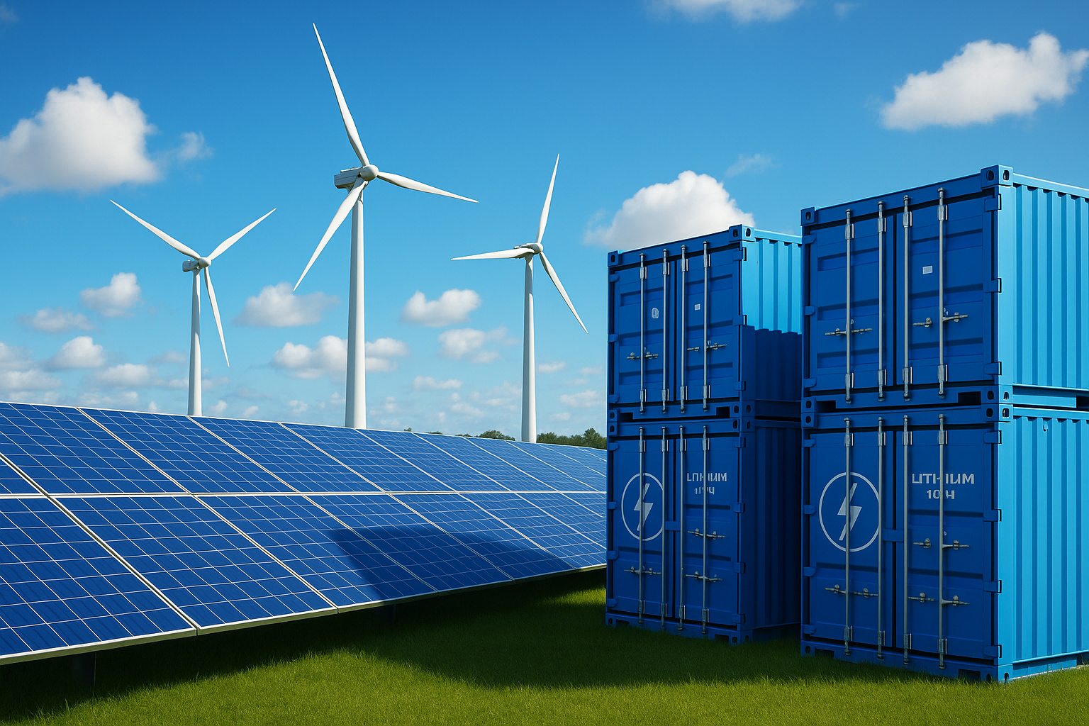 Bateria de armazenamento de energia com painéis solares e turbinas eólicas no Brasil