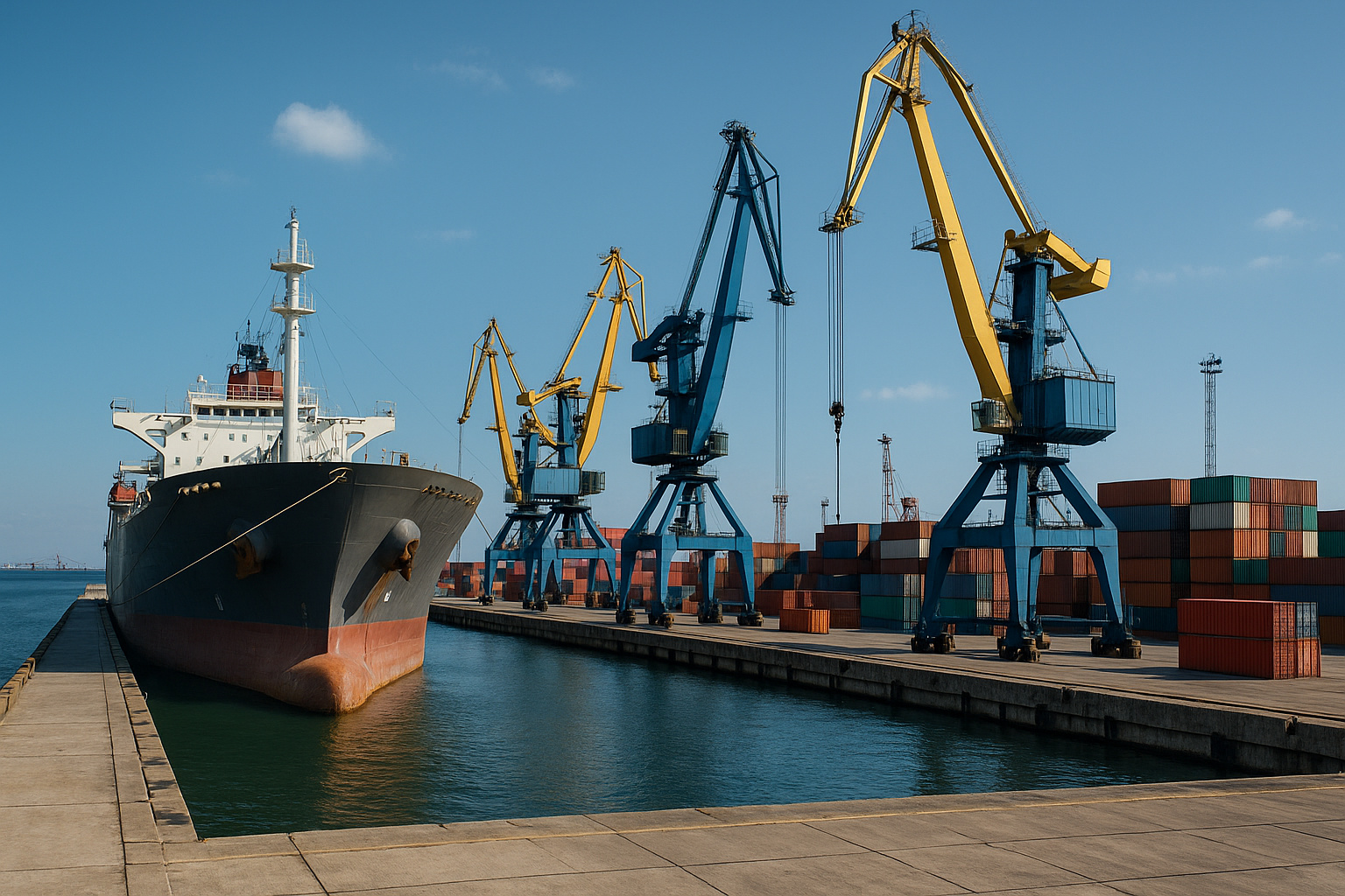 Porto marítimo com navio cargueiro atracado, guindastes amarelos e azuis, e contêineres empilhados sob céu azul.