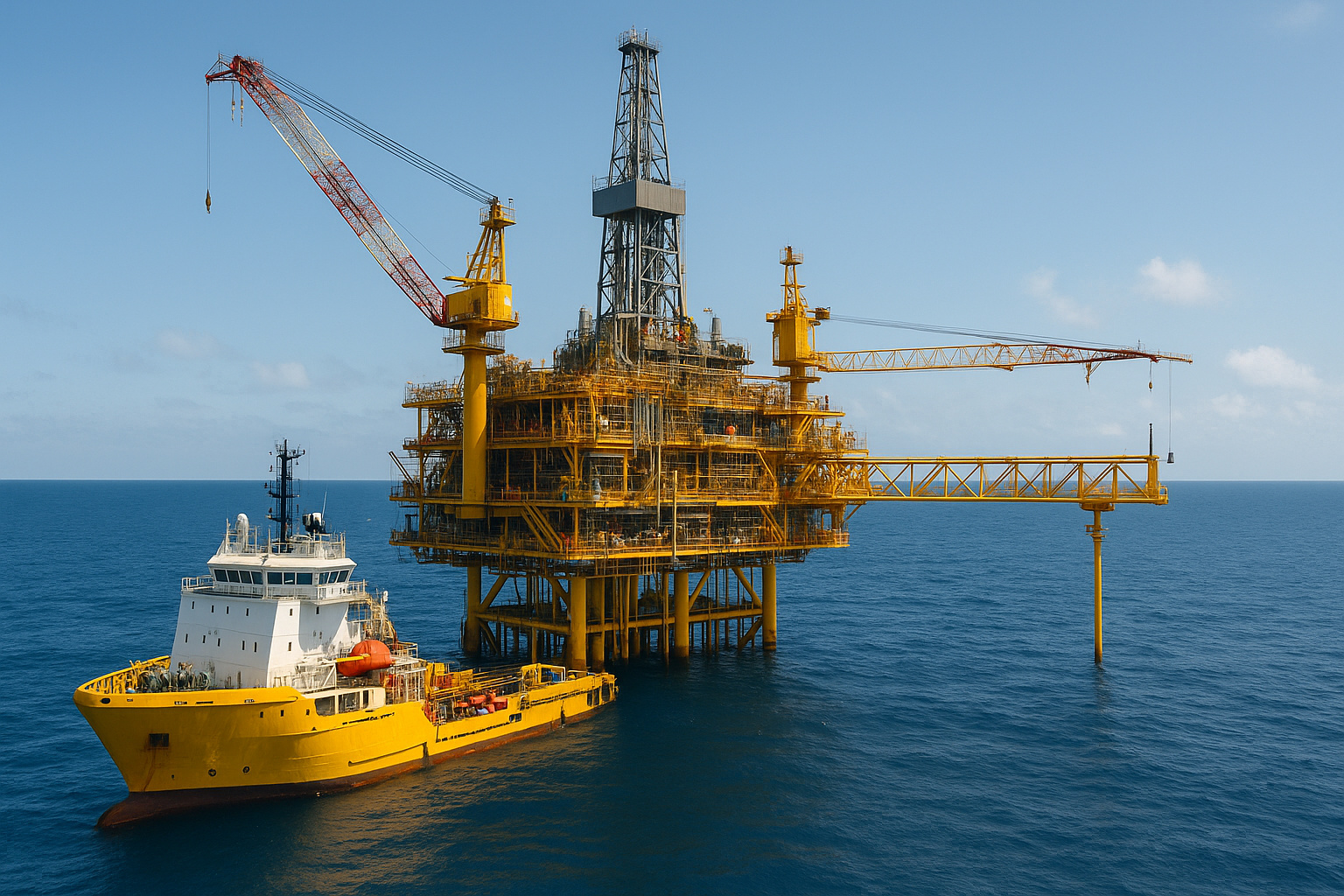 Plataforma offshore com navio de apoio no mar em dia ensolarado