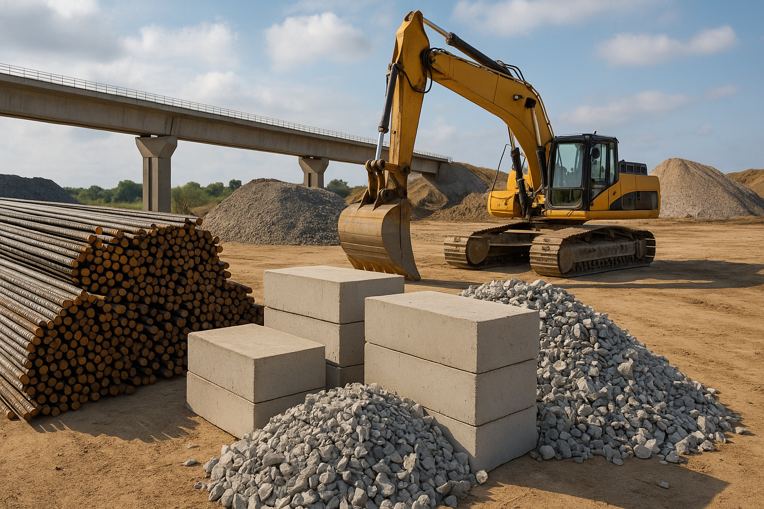 Materiais de construção pesada em obra com escavadeira, blocos de concreto, vergalhões e brita.
