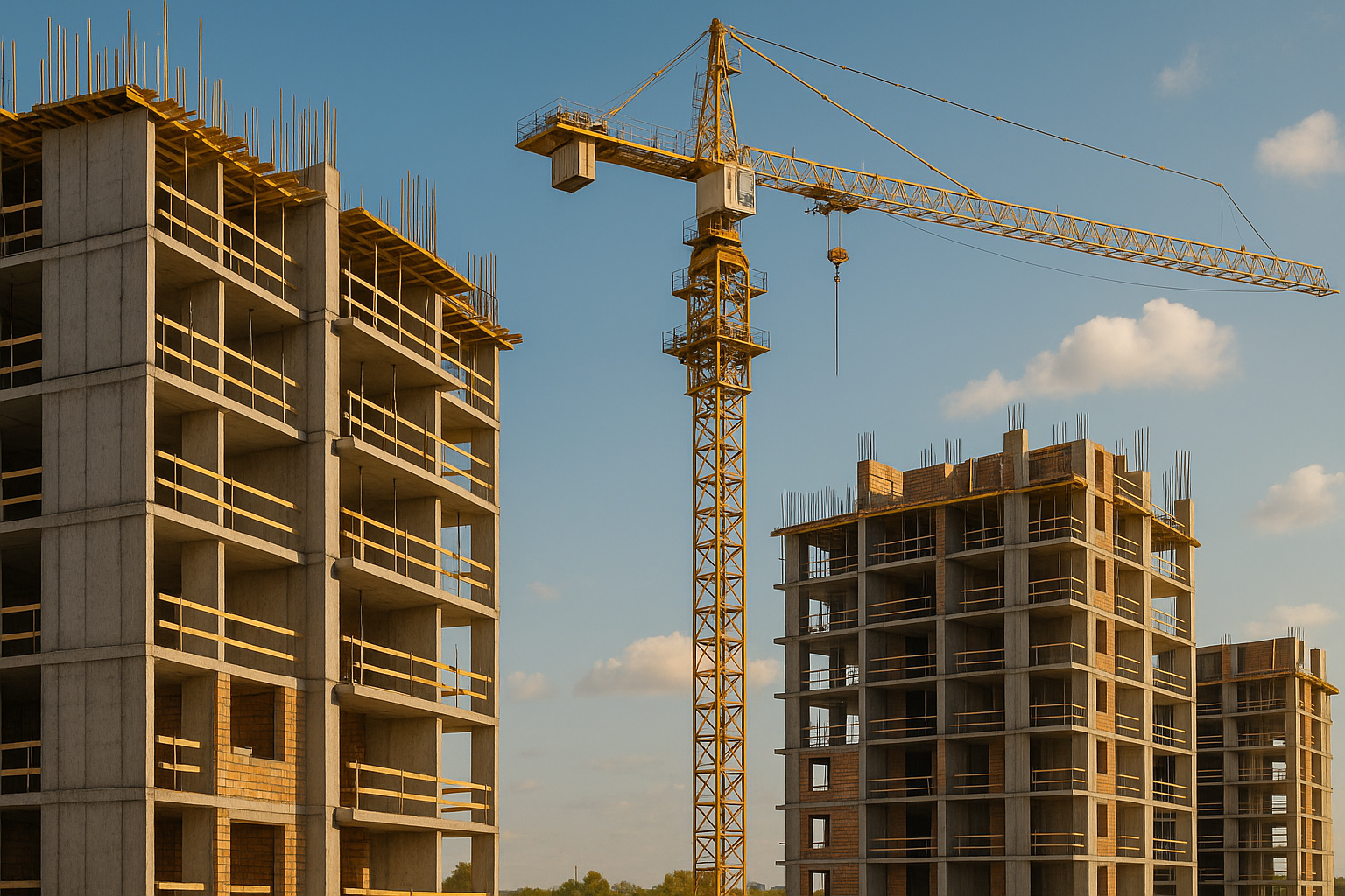 Construção de edifícios com estruturas de concreto e guindaste ao fundo durante o pôr do sol.