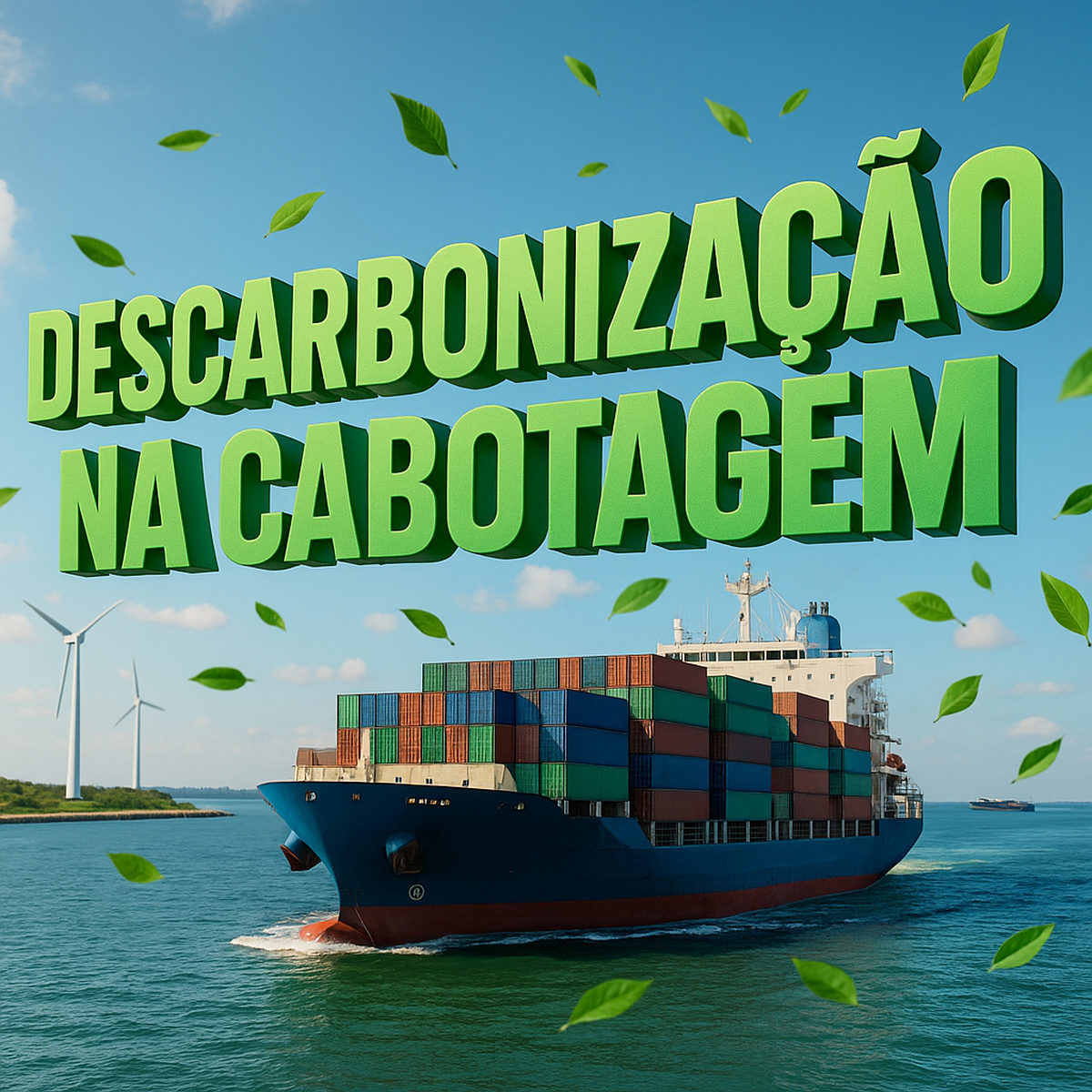 Navio de cabotagem carregado com contêineres coloridos navega em mar calmo sob céu ensolarado, com frase 3D “Descarbonização na Cabotagem” em tons de verde e turbinas eólicas ao fundo.