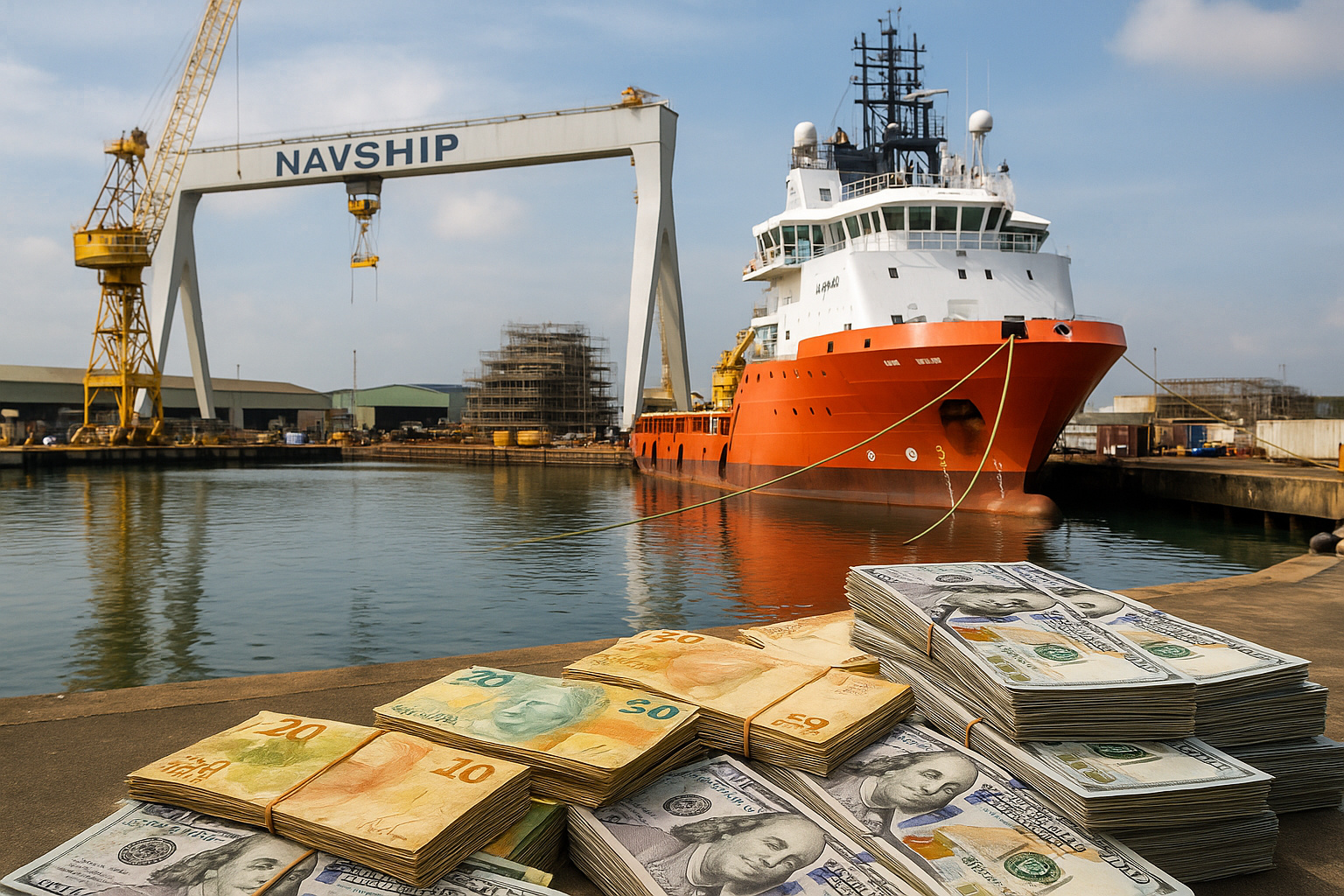 Navio em estaleiro com pilhas de dinheiro simbolizando investimento do BNDES no setor naval e no porto do Açu