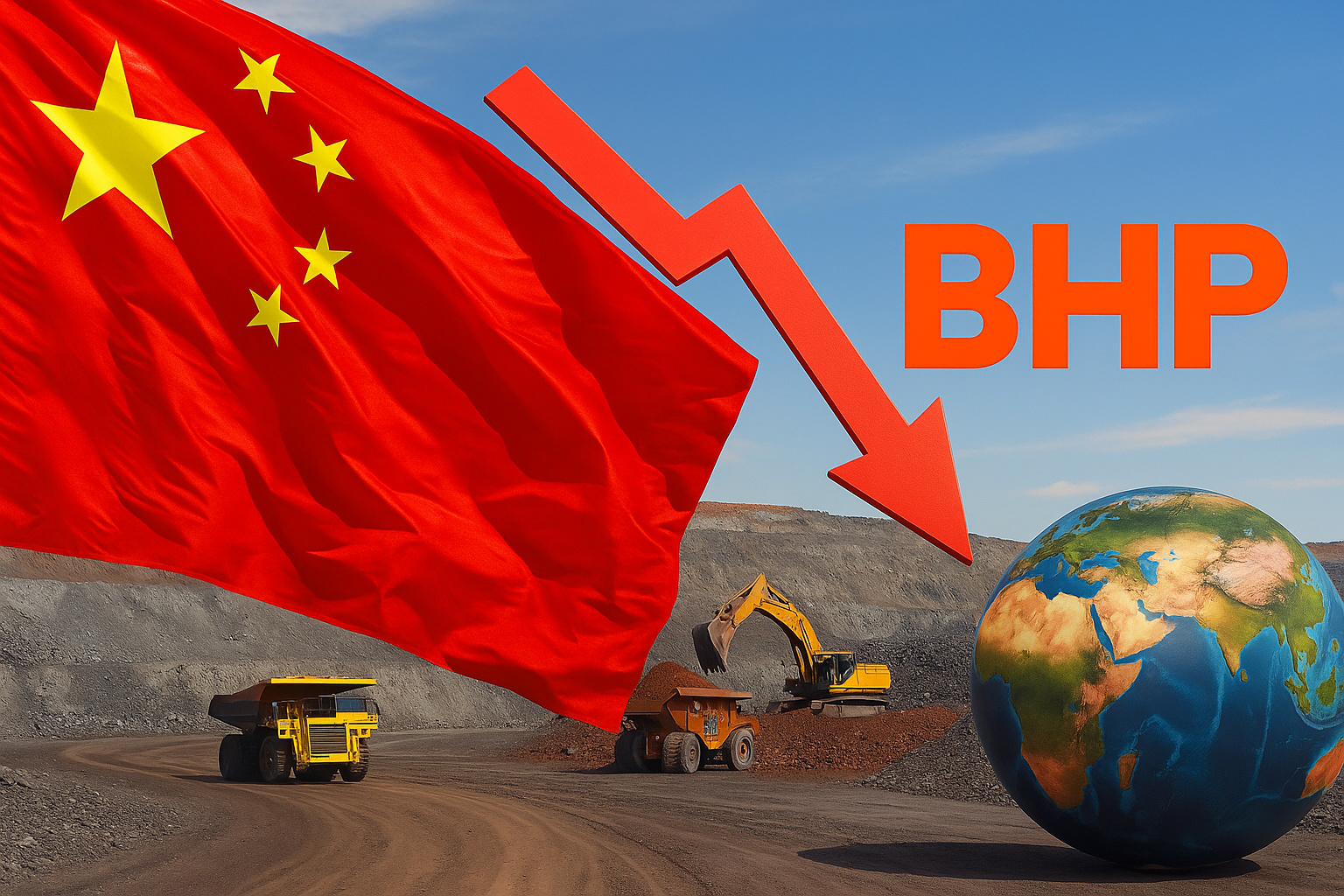 Bandeira da China, logo da BHP e mina de ferro simbolizando disputa no mercado global