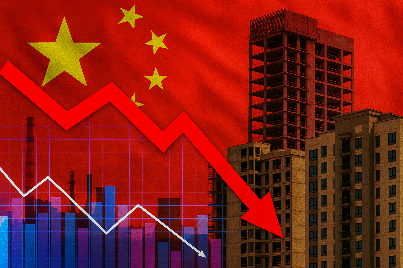 Gráfico de queda sobre prédios residenciais e indústria na China representando desaceleração econômica em agosto de 2025