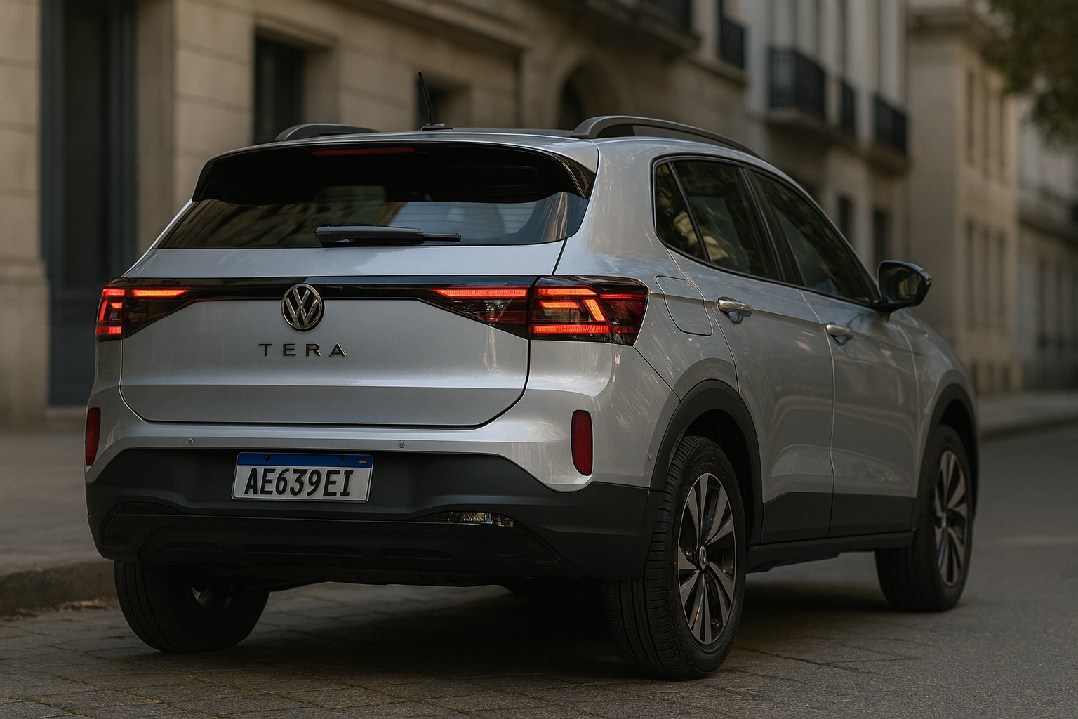 Volkswagen Tera Trend 1.6 visto de trás em rua urbana da Argentina com lanternas acesas