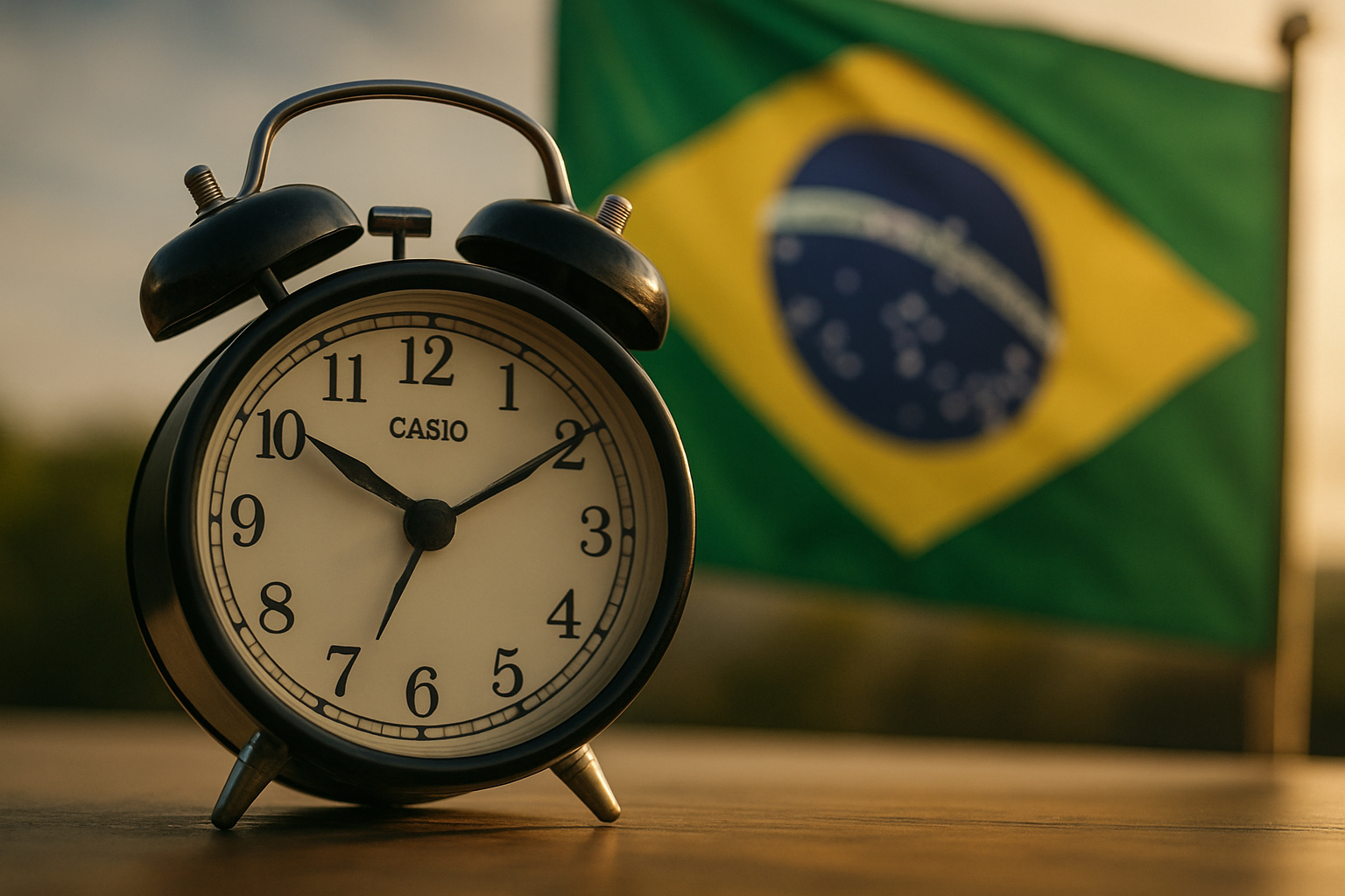 Relógio analógico em destaque com bandeira do Brasil ao fundo, remetendo ao fim do horário de verão.