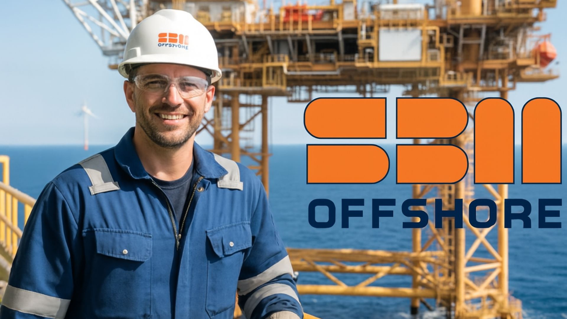 Trabalhador offshore com uniforme azul e capacete SBM em plataforma marítima, com estrutura de produção ao fundo e logotipo da SBM Offshore visível.