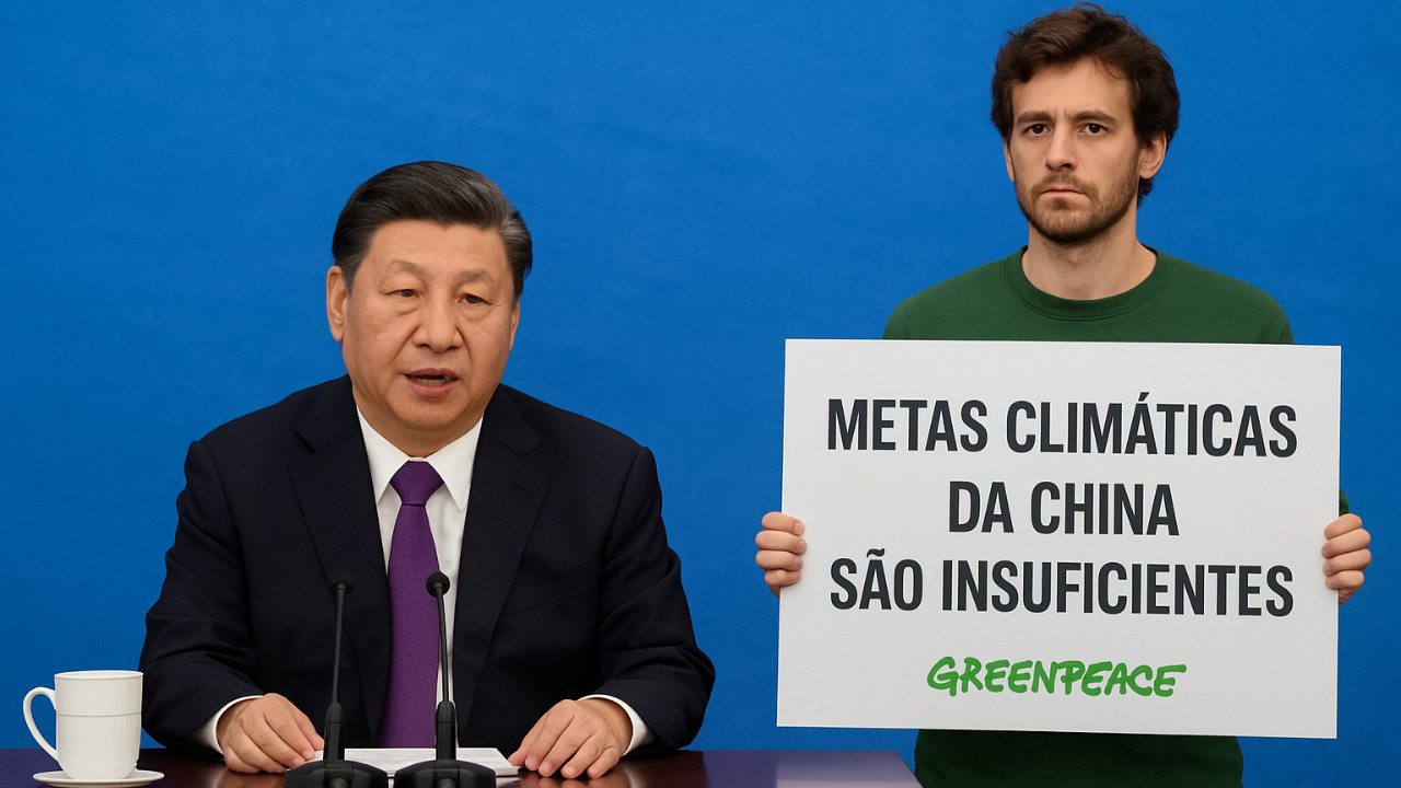 As novas metas climáticas da China para 2035 dividem opiniões: enquanto o governo prevê corte de emissões e mais energia limpa, o Greenpeace alerta que os compromissos ainda estão aquém dos desafios globais. Fonte: IA
