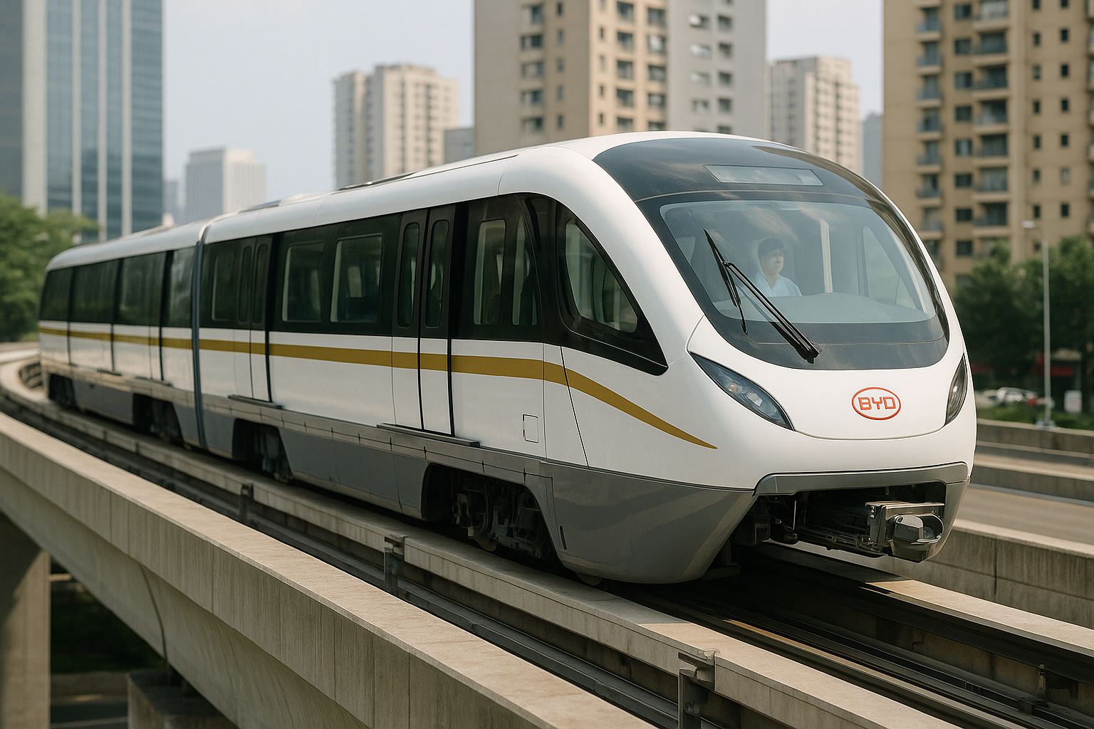 Monotrilho da BYD circulando em via elevada na Linha 17-Ouro, em São Paulo, simbolizando inovação no transporte urbano.