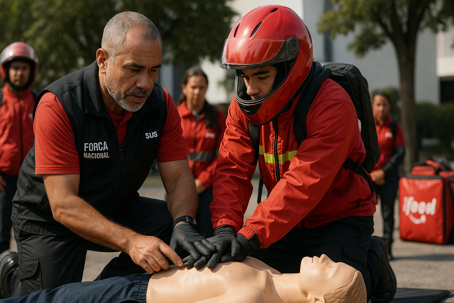 Entregadores do iFood recebem treinamento de primeiros socorros da Força Nacional do SUS em São Paulo, durante programa Anjos de Capacete.