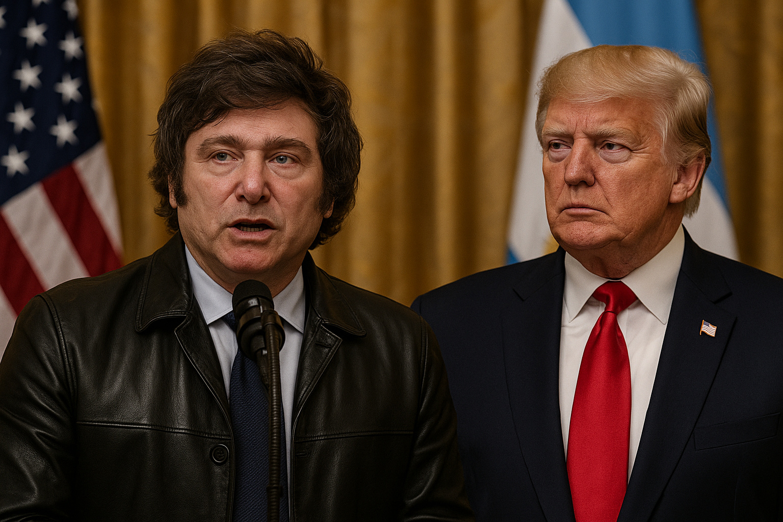 Javier Milei e Donald Trump durante encontro oficial com bandeiras da Argentina e dos Estados Unidos ao fundo, simbolizando aliança política e apoio internacional.