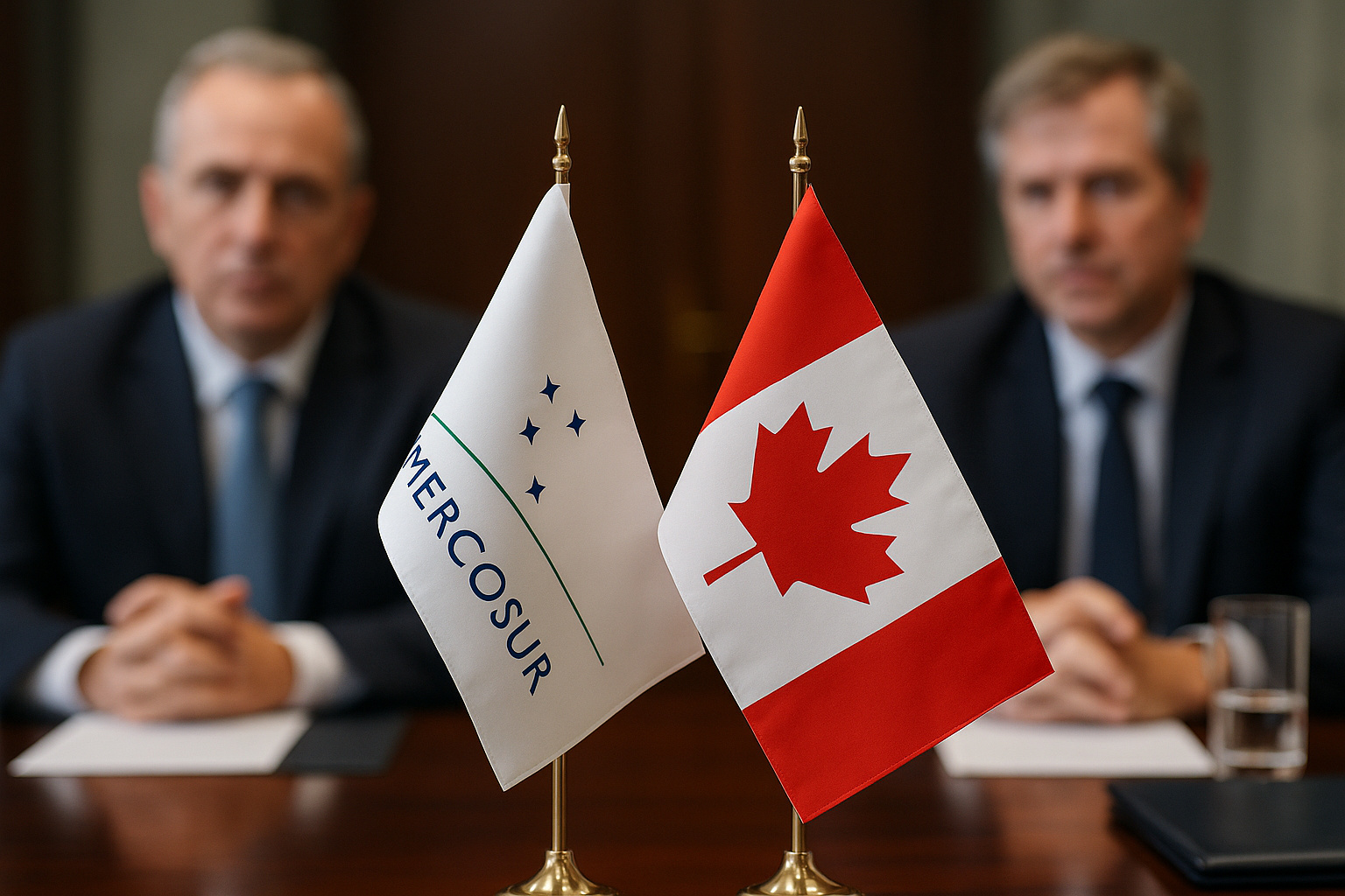 Reunião diplomática entre representantes do Mercosul e do Canadá com bandeiras lado a lado em mesa de negociações sobre acordo de livre comércio.