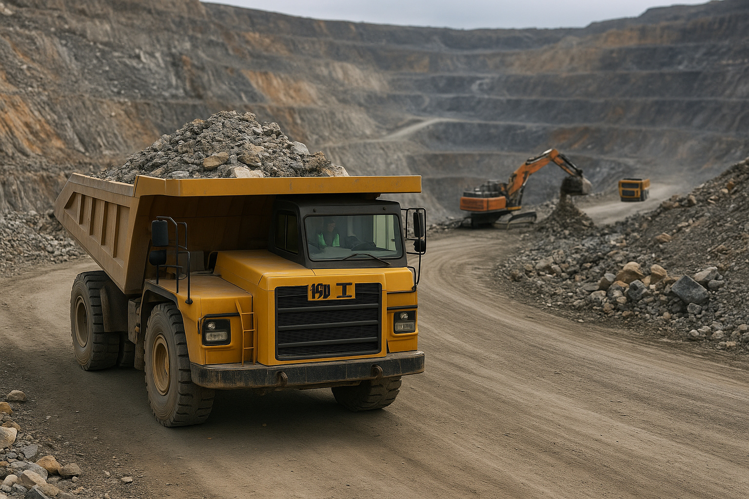 Caminhões e escavadeiras operando em mina a céu aberto no Brasil, simbolizando o avanço chinês sobre a mineração nacional de níquel, nióbio e ferro.