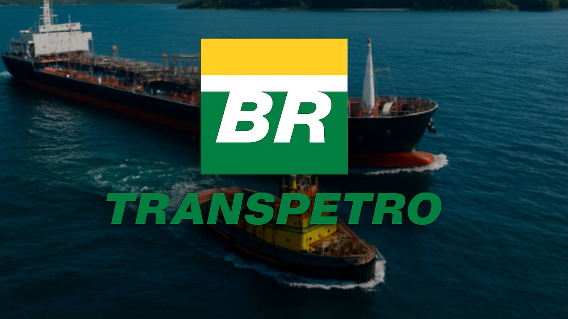 Imagem realista de barcaças e empurradores navegando em águas brasileiras, com o logotipo da Transpetro centralizado na parte superior.