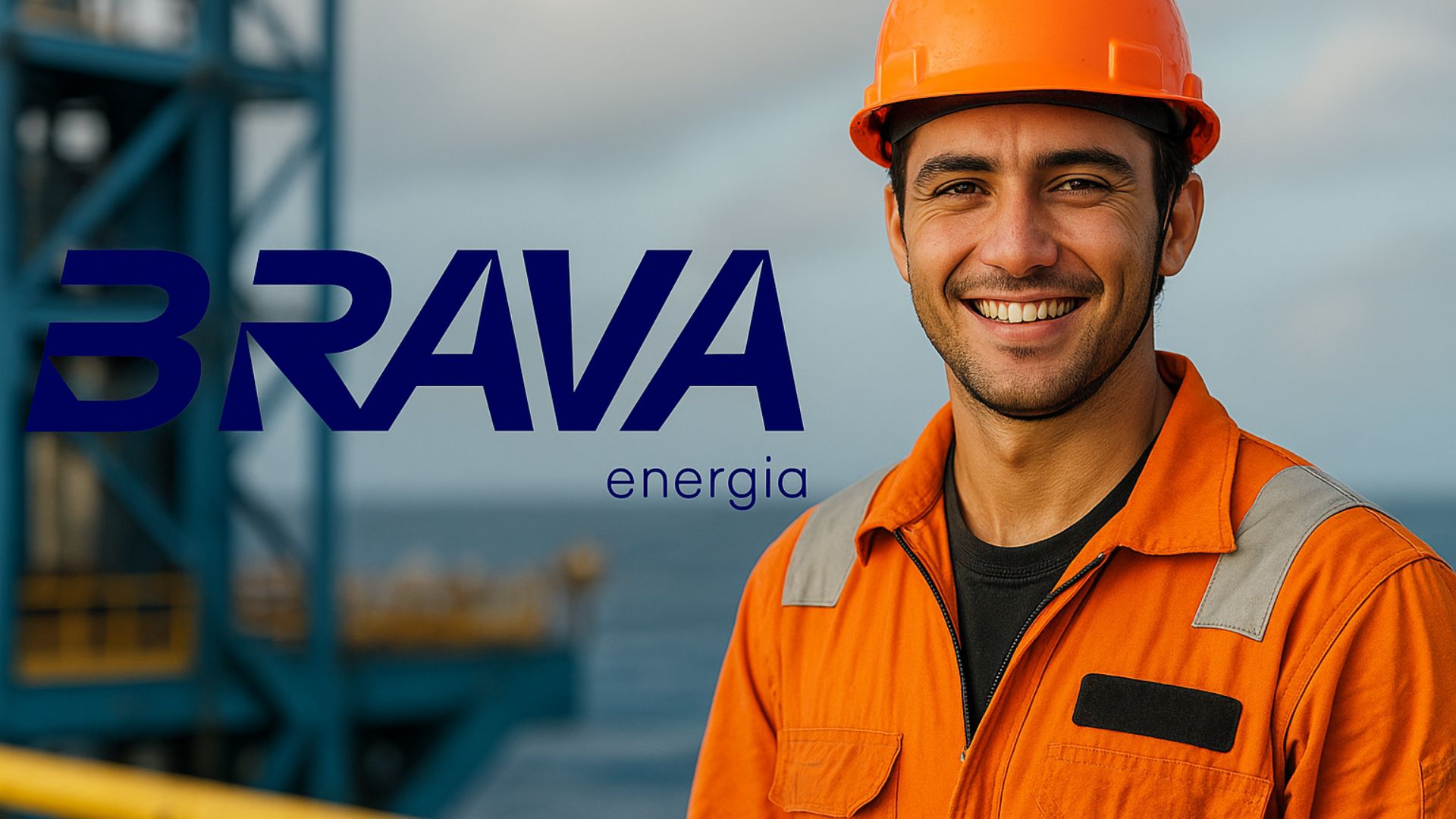 Jovem trabalhador offshore sorridente com capacete laranja em frente a uma plataforma de petróleo, com o logotipo da Brava Energia ao fundo.