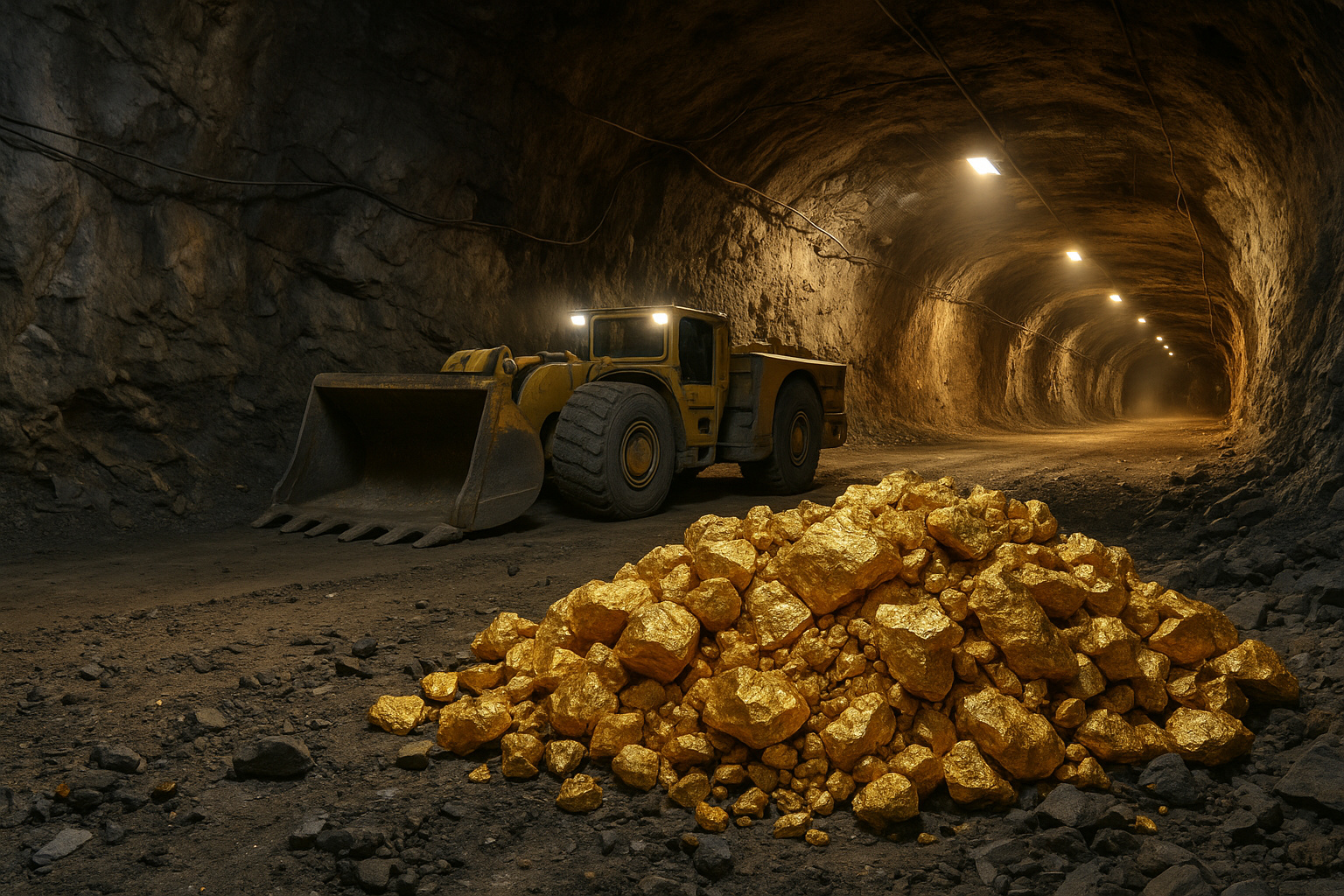 Escavadeira subterrânea ao lado de uma grande pilha de minério de ouro em túnel de mineração na China