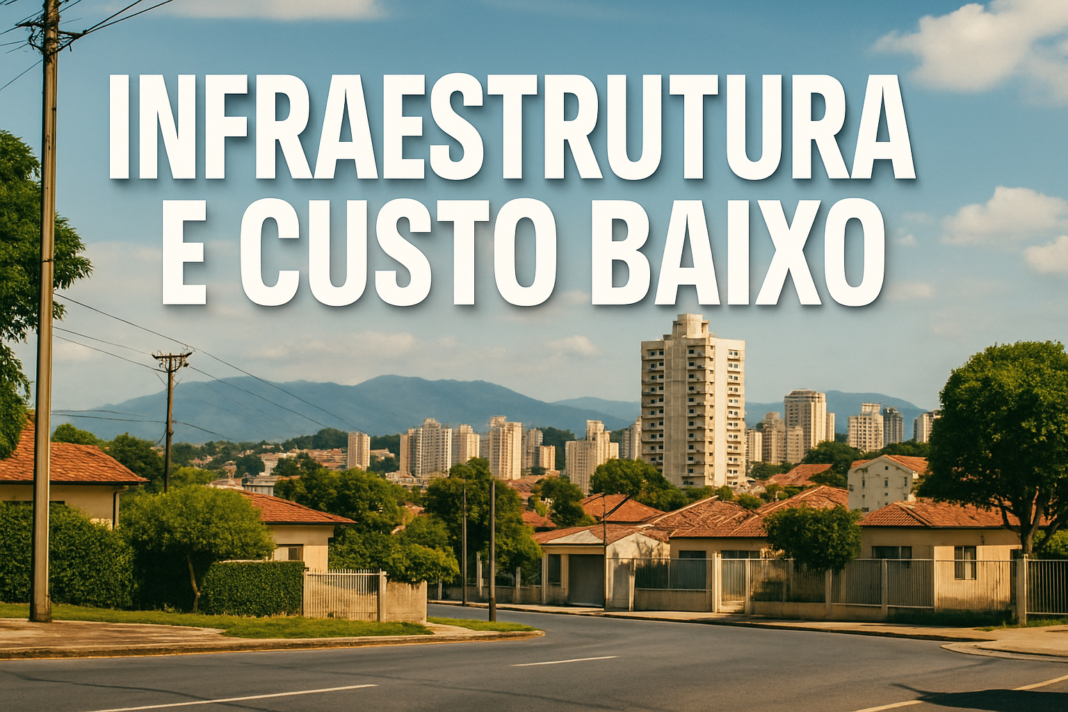 Infraestrutura urbana e custo de vida baixo em Guaratinguetá com prédios, ruas arborizadas e montanhas ao fundo.
