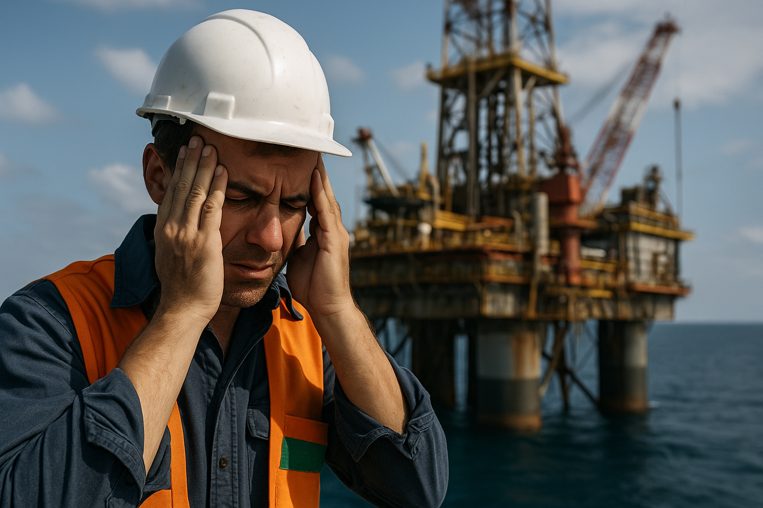 Trabalhador preocupado diante de plataforma de petróleo no mar, simbolizando os desafios enfrentados pelo Brasil após descobrir uma grande reserva no pré-sal.