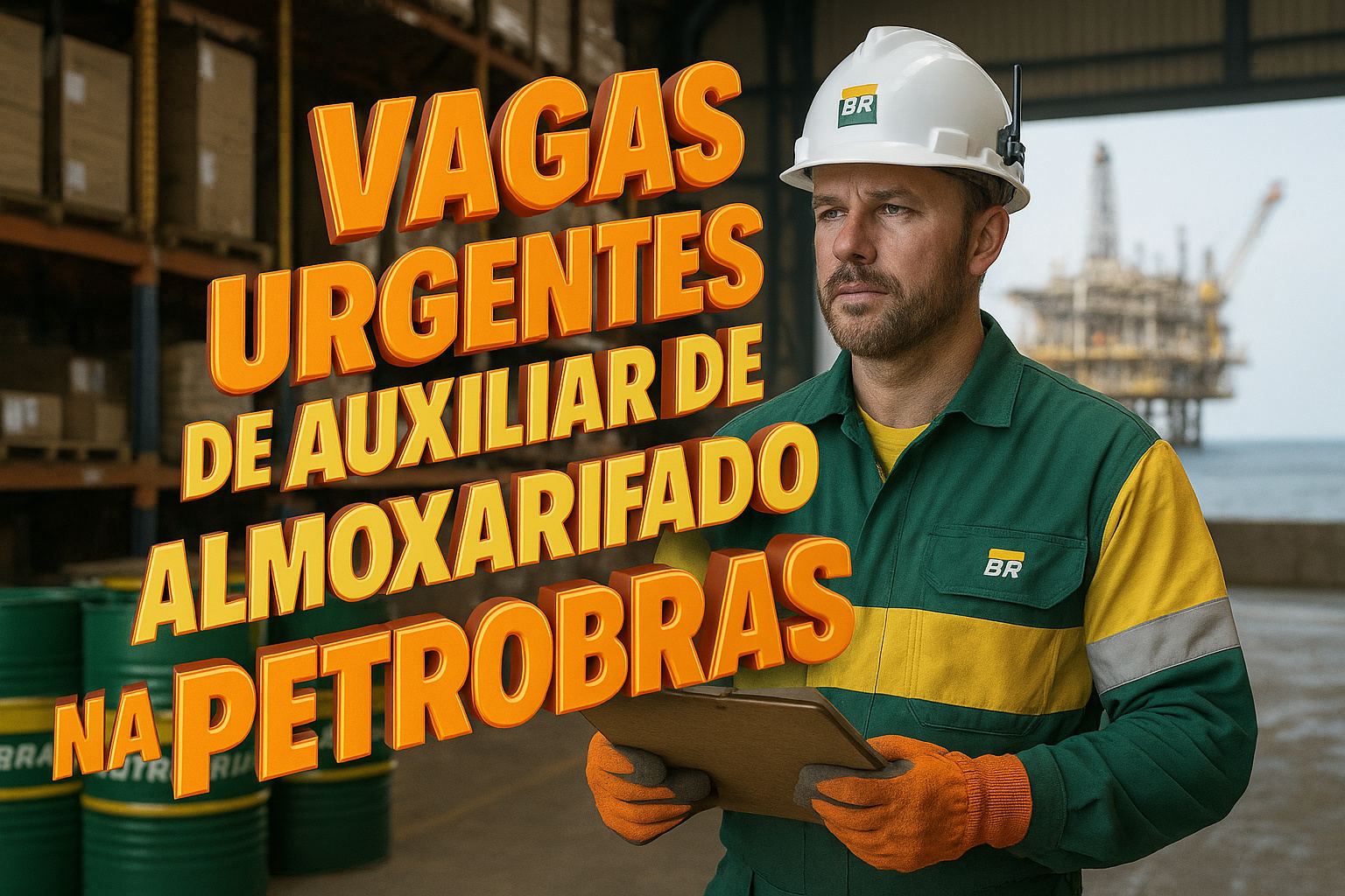 Trabalhador da Petrobras em almoxarifado com plataforma offshore ao fundo e chamada 3D sobre vagas urgentes de auxiliar de almoxarifado.