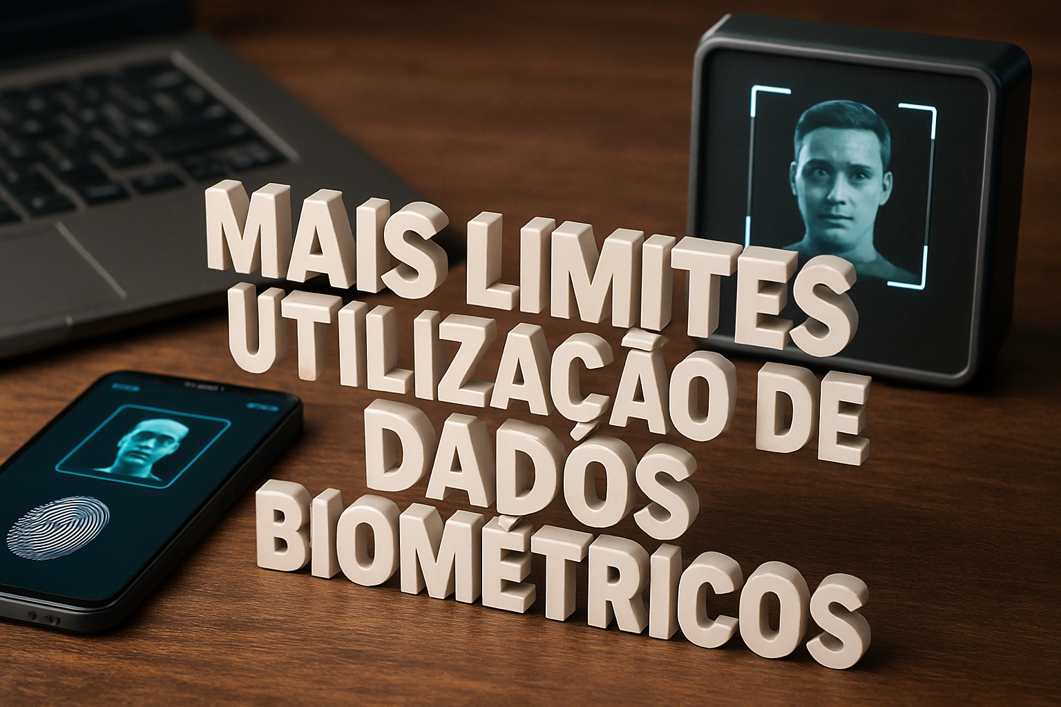 Frase em 3D “Mais limites para utilização de dados biométricos” com dispositivos de reconhecimento facial e digital sobre mesa de madeira, ilustrando novas regras da LGPD.