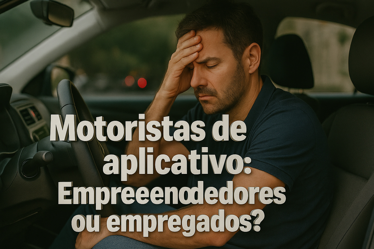 Motorista de aplicativo frustrado dentro do carro, com expressão de cansaço e a frase “Motoristas de aplicativo: empreendedores ou empregados?” em destaque na imagem.