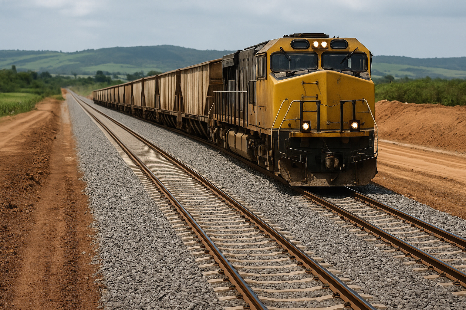 Locomotiva moderna transportando vagões em ferrovia recém-construída no Brasil, representando o investimento de R$ 530 bilhões no setor ferroviário nacional.