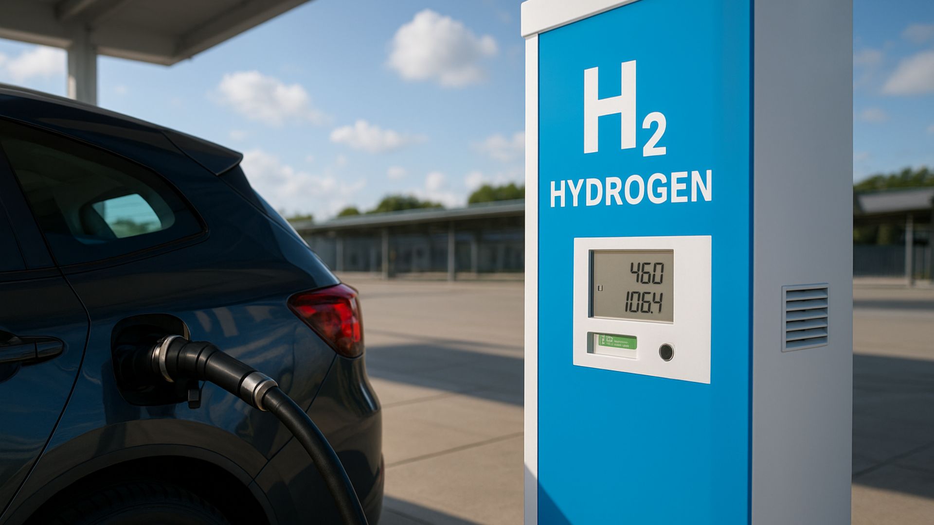 Carro sendo abastecido em um posto de hidrogênio verde com bomba de abastecimento moderna ao ar livre