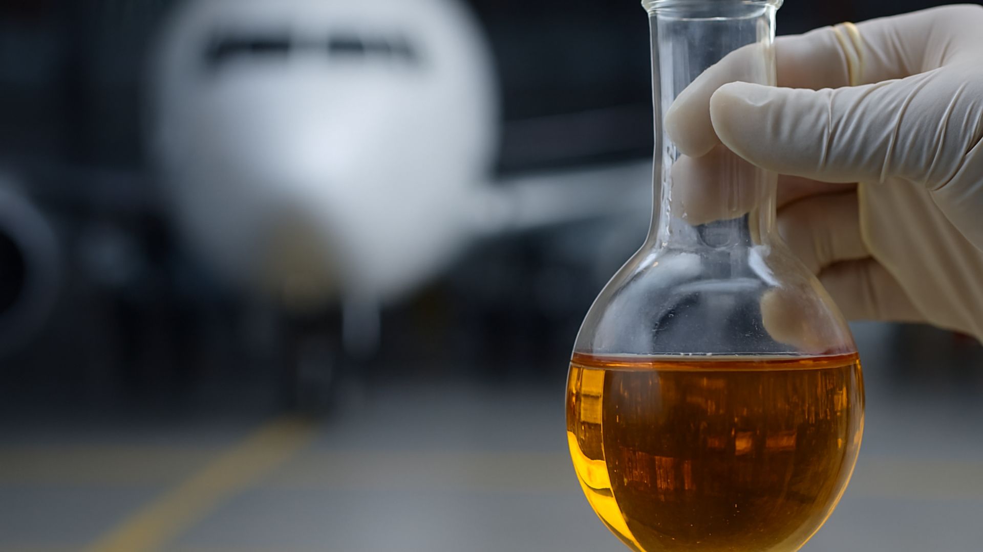 Frasco de vidro com combustível renovável em primeiro plano, com avião desfocado ao fundo em ambiente industrial.