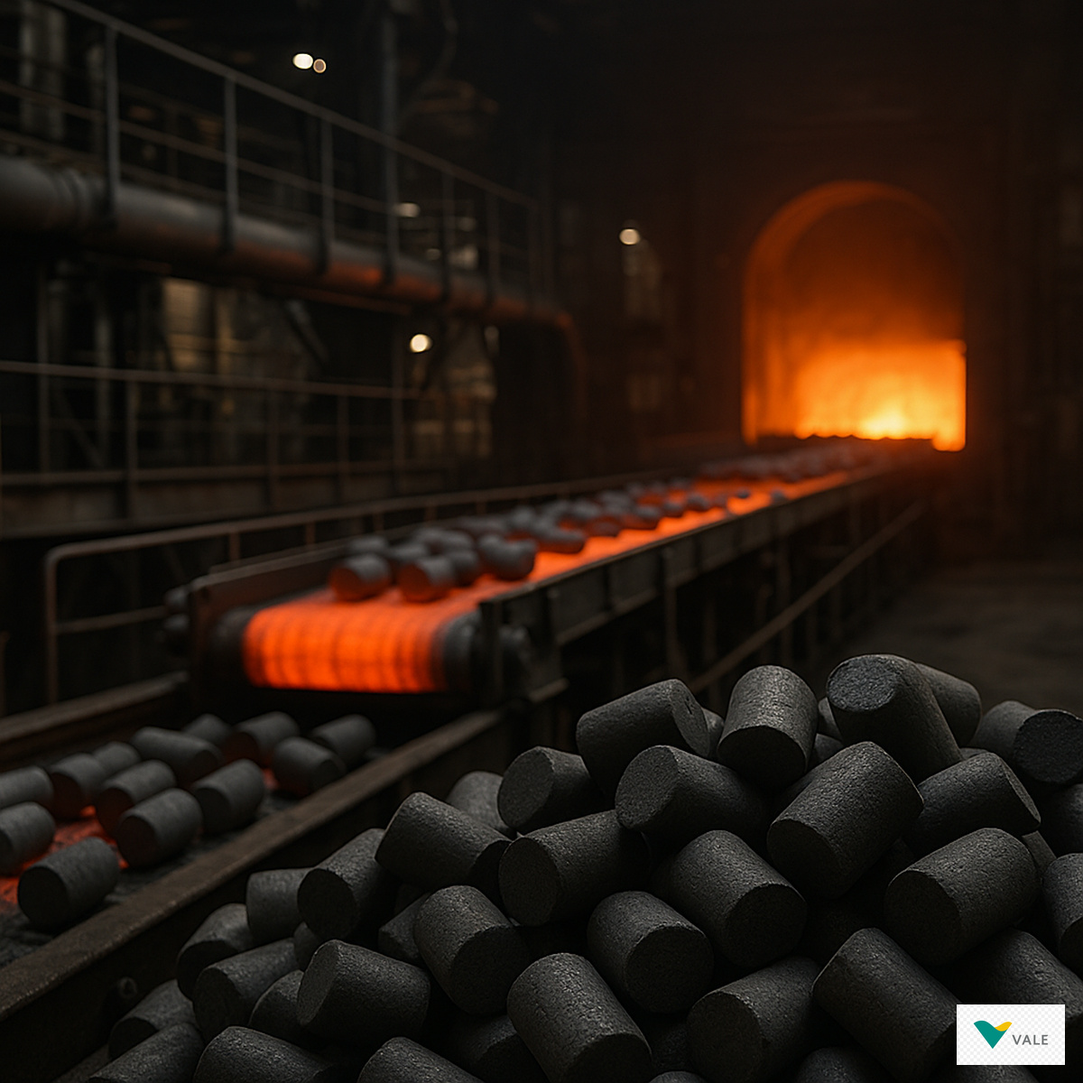 Briquetes de minério de ferro sendo produzidos em planta industrial da Vale, com esteira metálica e forno incandescente ao fundo.