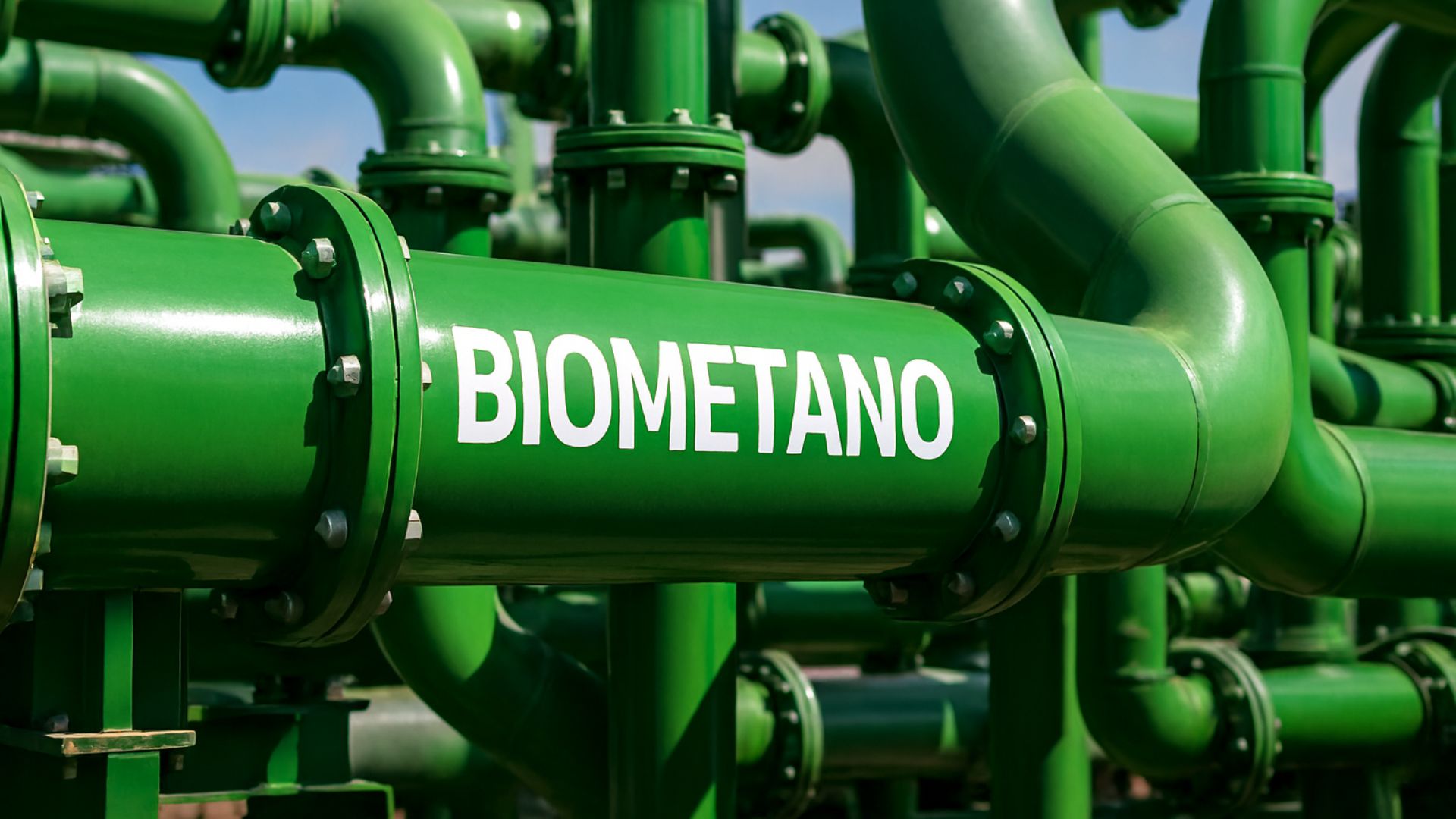 Tubulações industriais verdes interligadas com a palavra “BIOMETANO” escrita em destaque, representando a nova rede de distribuição de gás renovável entre Londrina e Cambé.