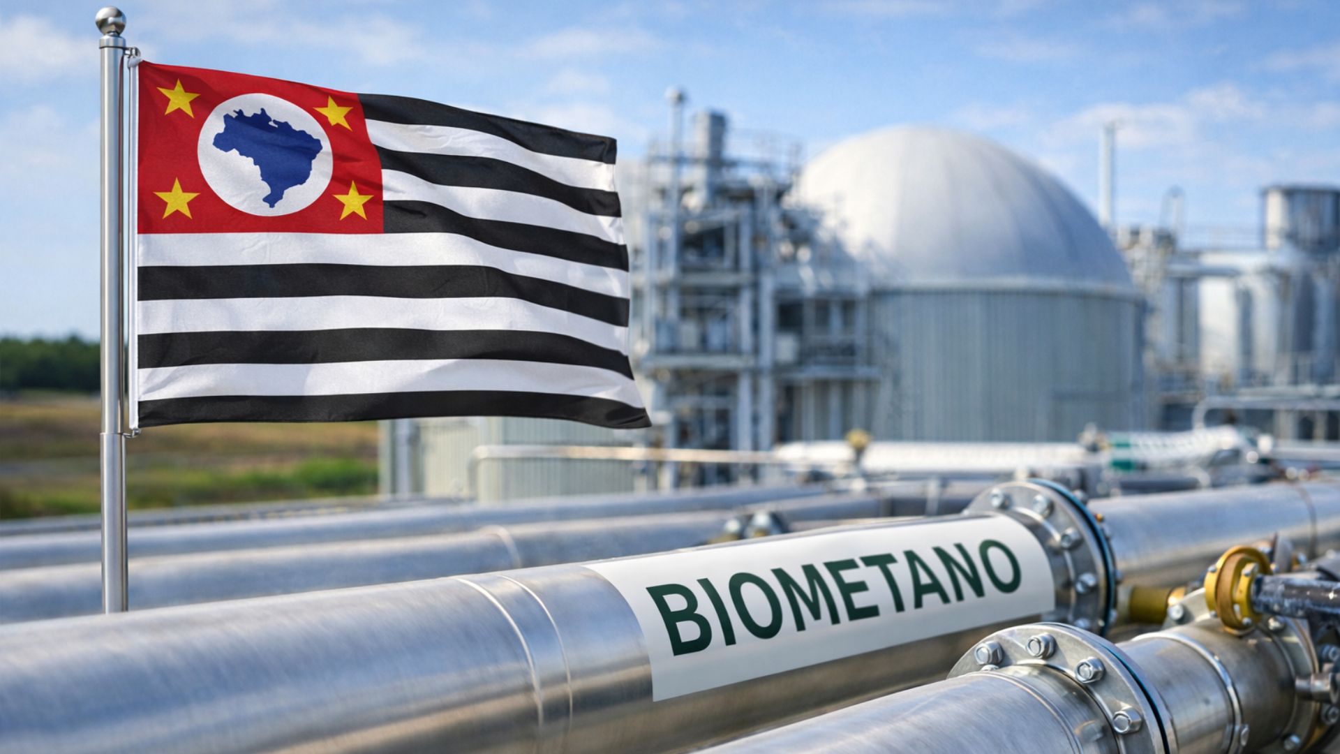 Tubulações de biometano com bandeira do Estado de São Paulo em primeiro plano e usina de biometano ao fundo, representando a transição energética e a produção de energia limpa no interior paulista