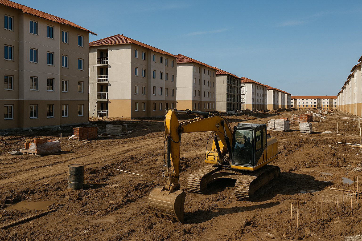 Conjunto habitacional em construção com prédios residenciais e máquinas pesadas, representando obras do programa Minha Casa, Minha Vida financiadas com recursos do FGTS.