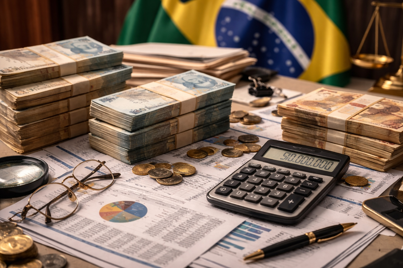 Pilhas de dinheiro em reais sobre documentos fiscais com calculadora e bandeira do Brasil ao fundo, representando incentivos fiscais e arrecadação pública.